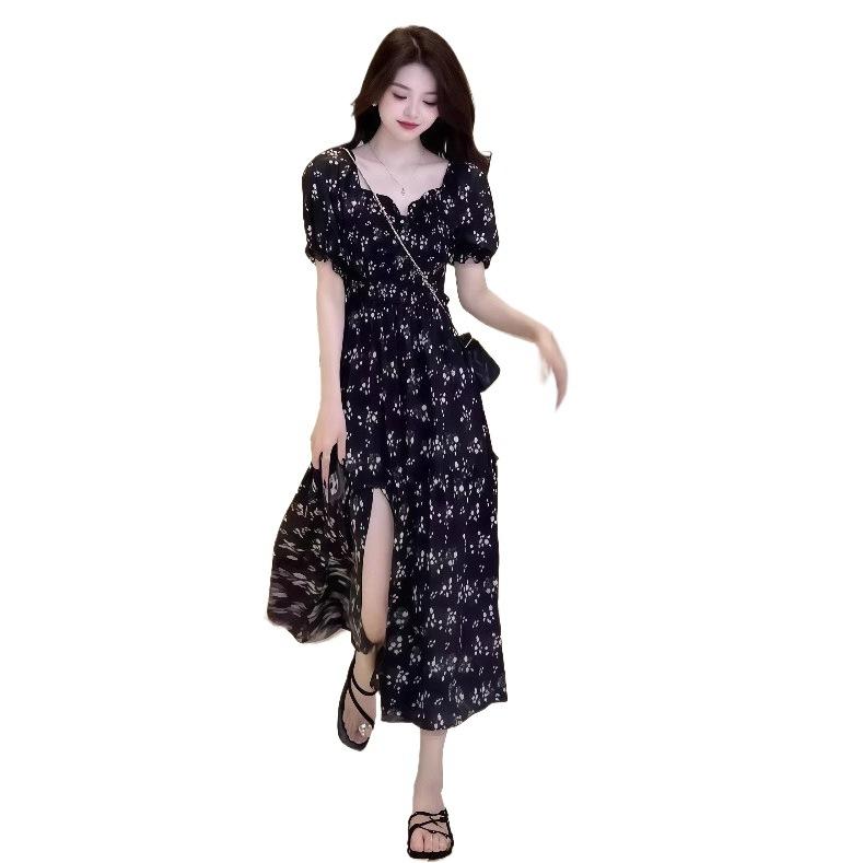 Floral Dress Women's Summer New French Bubble Sleeves Large Size Black Split Ends Waist and Thin Long Skirt