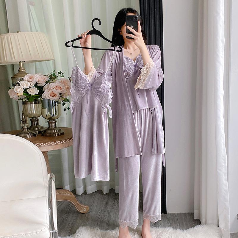 

Осенне-зимний бархатный женский пижамный комплект из 4 предметов, сексуальный лоскутный халат с бабочками, кружевной халат, ночная рубашка, брючные костюмы, свободная велюровая домашняя одежда XL фиолетовый