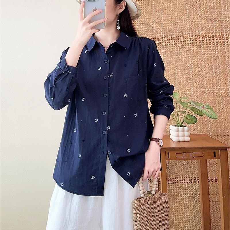 New Korean Temperament Casual Double-layer Cotton Yarn Pure Cotton Printed Shirt Women's Simple Design Versatile Lapel Shirt
