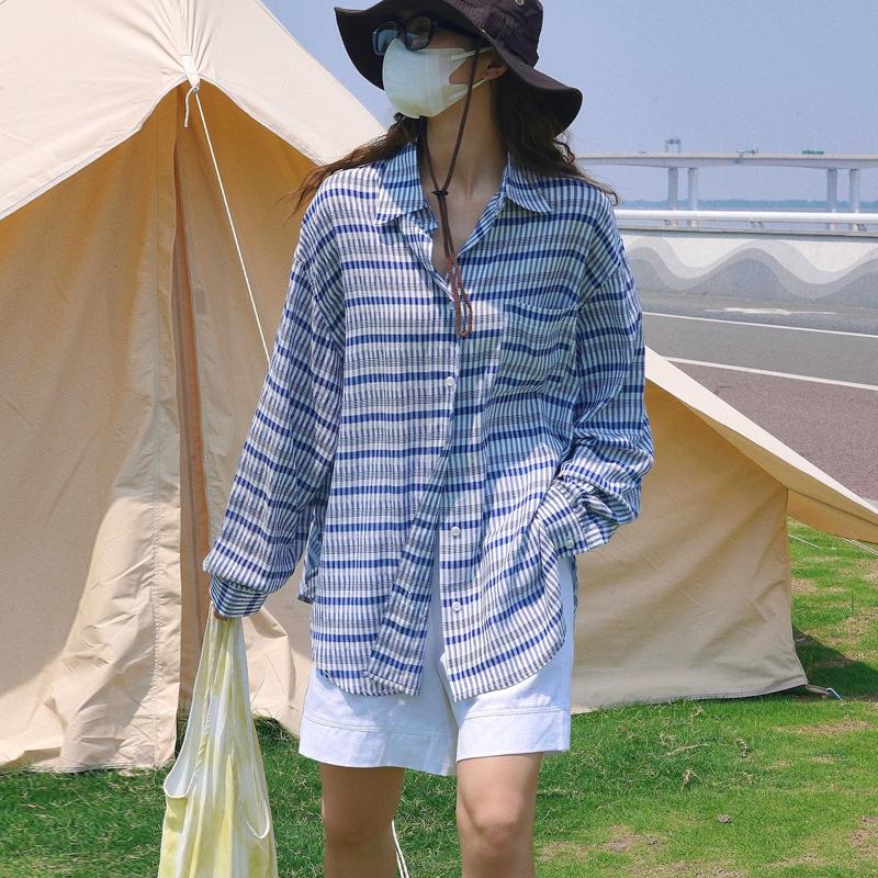 Johnature Japanese Korean Lazy Style Contrast Check Shirt Loose Casual Long Sleeve Sunscreen Tops Women