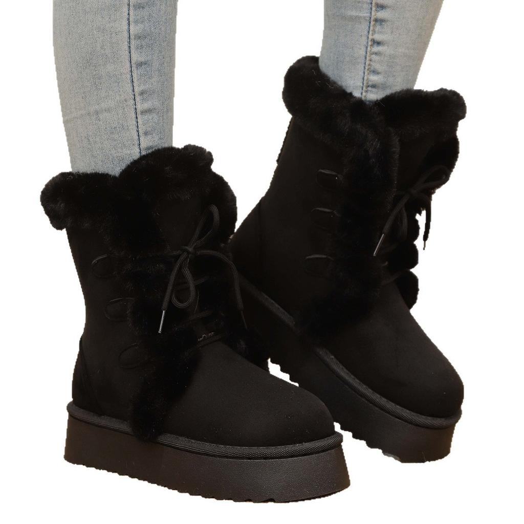 Autumn and Winter Snow Boots, Piled, Thickened Thick Soles To Increase the Height of the Fur, Integrated Cotton Shoes, Fluffy Warm Boots