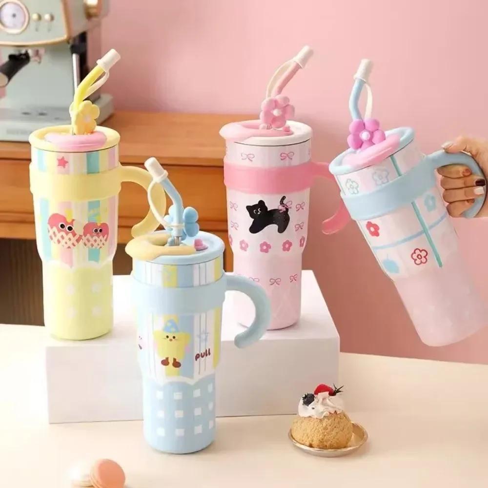 Large Capacity Tumbler with Handle Lid Straw Cute Cat Thermos Cup Stainless Steel Water Bottle Outdoor Travel Coffee Mug Gift