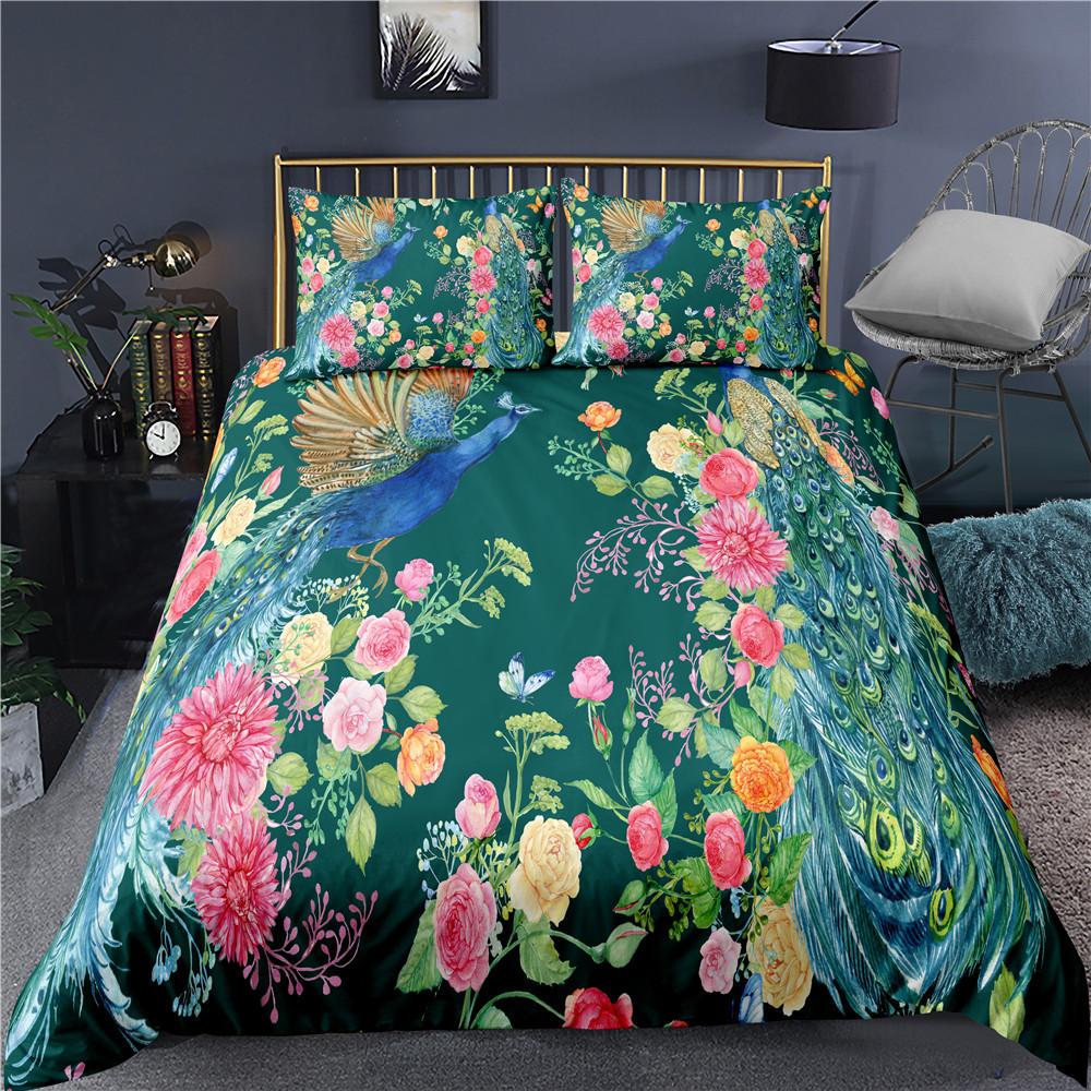 Comforter Peacock Plum Blossom Decor Bedding Set King Size Crane Peacock Feather Floral Pattern Romantic