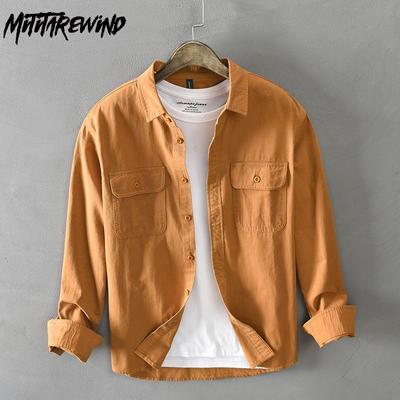 Korean Fashion Cargo Shirt Men Spring and Summer Daily Casual Loose Shirts Pocket Turn-down Collar Long Sleeve Pure Cotton Shirt Youth Men Clothing
