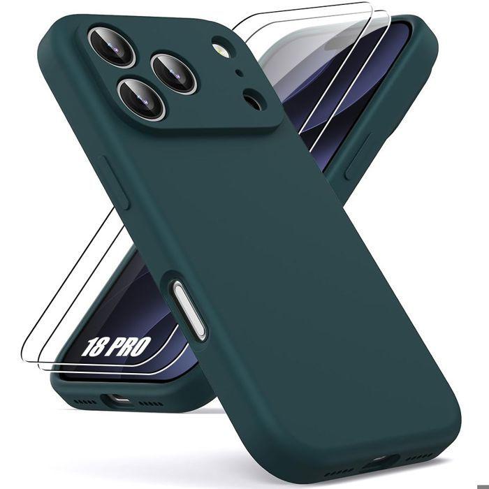Coque + 2 Verres Trempés pour iPhone 18 Pro, Silicone Léger Anti-Rayures Antichoc Mat Vert Nuit