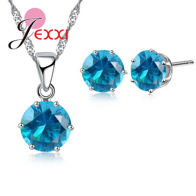17 Colors Silver Color Jewelry Sets Classical Engagement CZ Diomand Earrings+Necklace For Women Gift