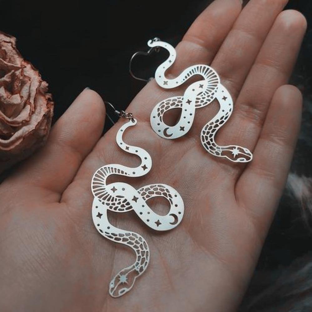 New Creative Gothic Large Hollowed-out Spirit Snake Stars Moon Stainless Steel Dangle Earrings for Women Hallowmas Jewelry Gifts