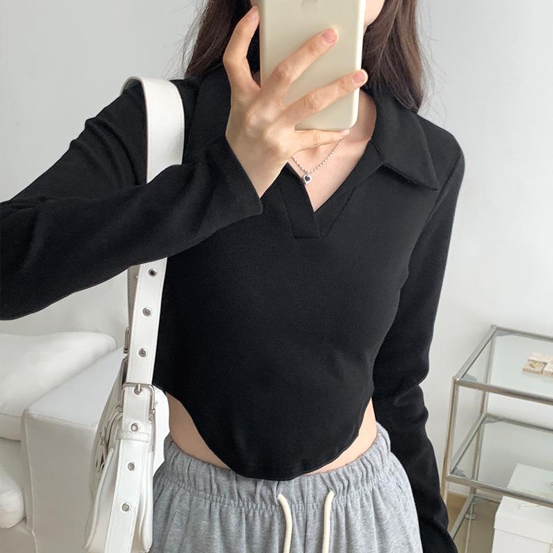 

Горячая женская рубашка поло с воротником на правом плече и длинными рукавами, женская осенняя модель, изогнутый подол, утягивающий короткий топ с длинными рукавами XL