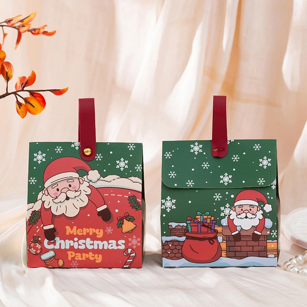 New Portable Christmas Gift Box With PU Handle Thick Cardboard Xmas Candy Treat Box For Holiday Party Favors