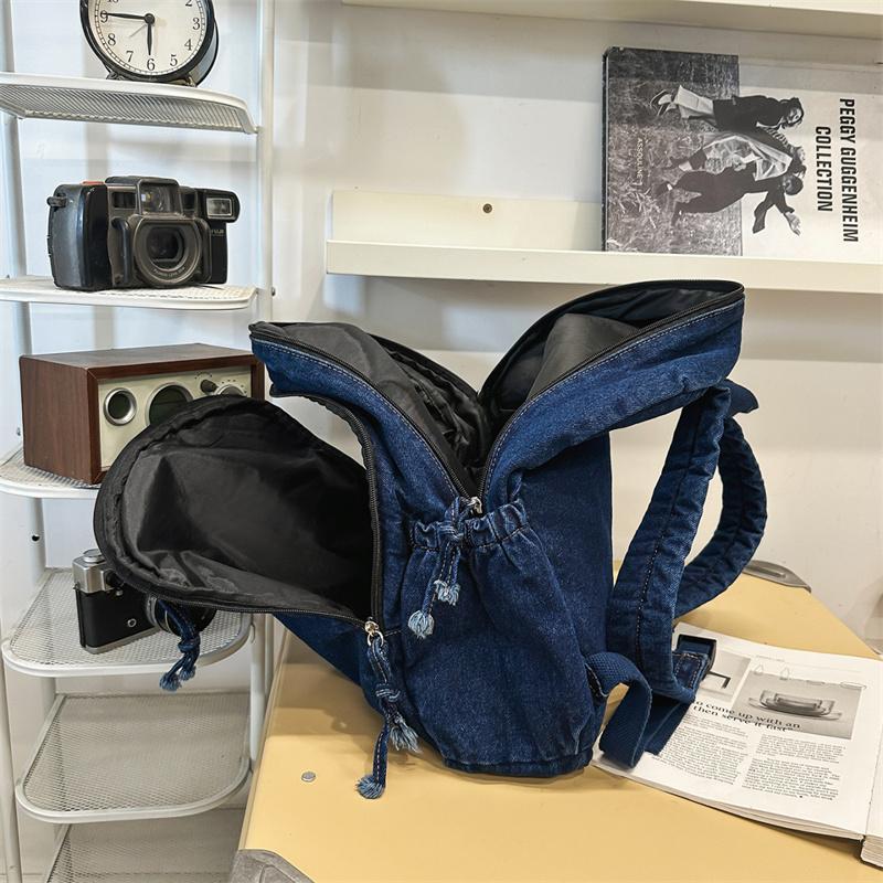 Denim Backpack Student Schoolbag Solid Color Backpack