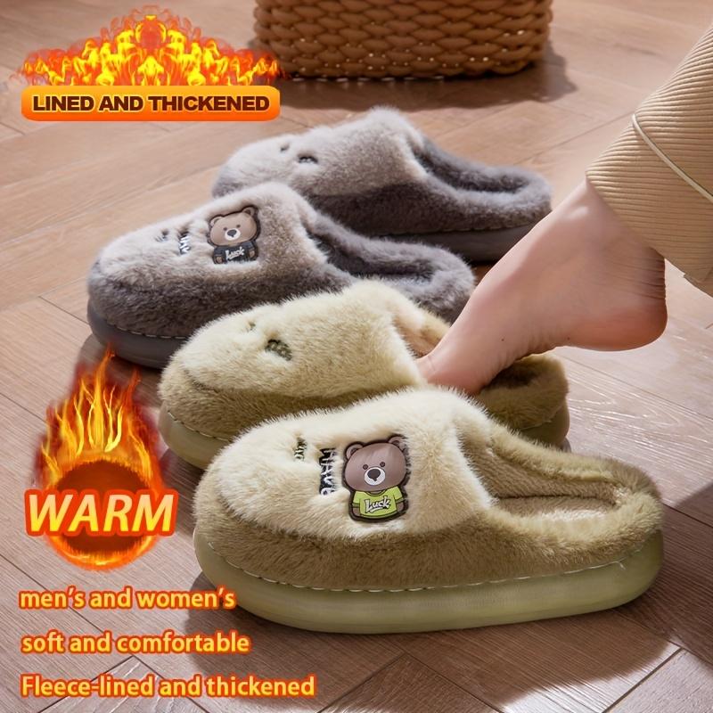 Couple's Home Warm Slippers Winter New Men's and Women's Indoor Home Non-Slip Thick Fleece-lined Thick Lazy Shoes Carto Bear Flat Slippers