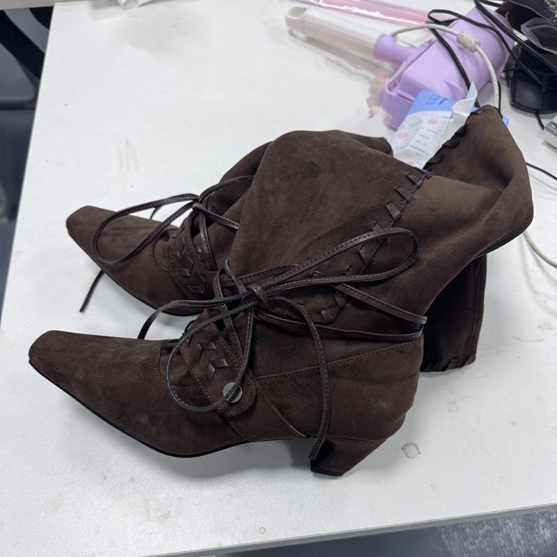 Autumn Winter Faux Suede Weave Lace-up Women Motorcycle Boots Fashion High Heels Chelsea Western Mid-Calf Short Booties Shoes