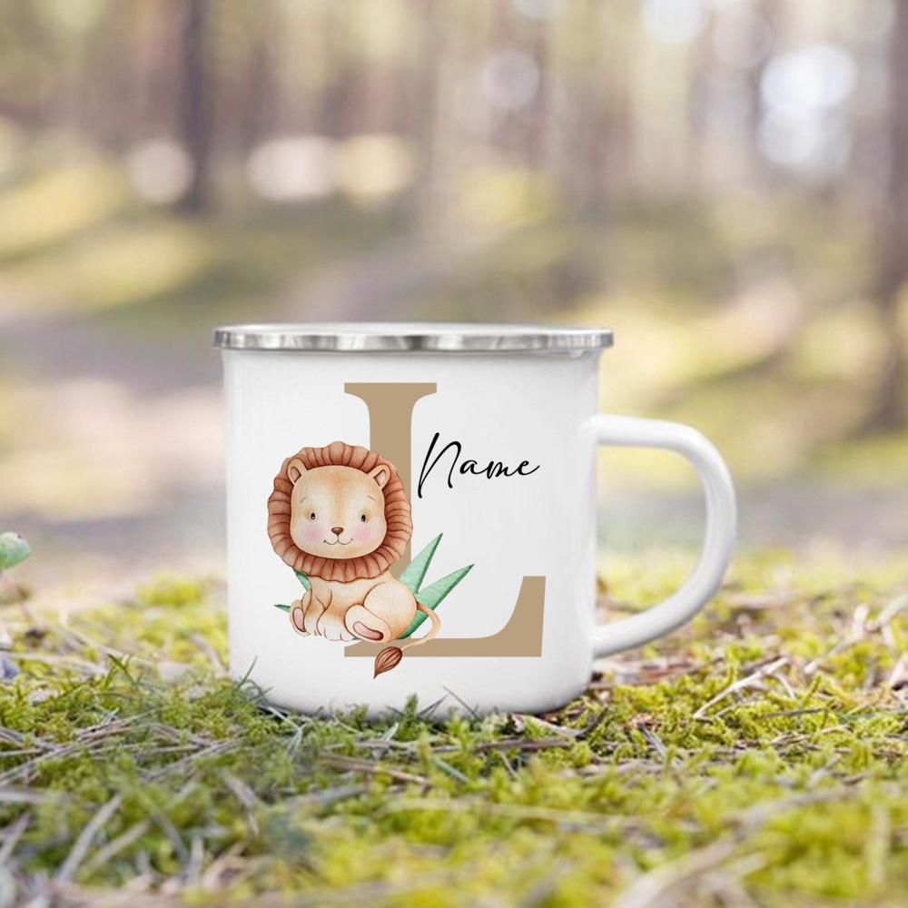 Personalized Mug for Kids Custom Deer Lion Initial with Name Cup for Boys Girls Child Handle Mugs Birthday Festive Gifts for Kid