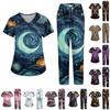Women's Halloween Print Set V-Neck Short Sleeve Top with Pockets and Pants