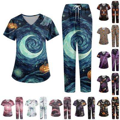 Dames Halloween Print Set V-hals Top met Korte Mouwen en Zakken en Broek