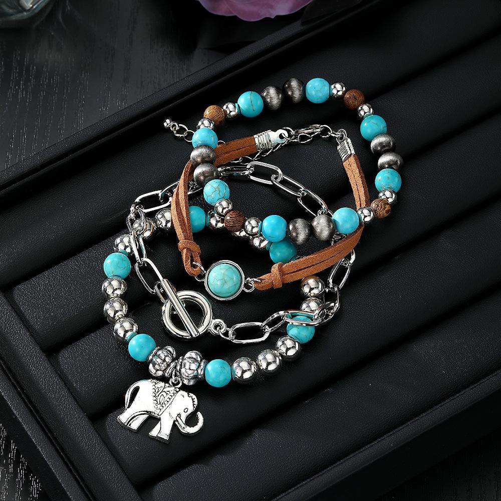 New Bohemian Style Turquoise Wood Bead Alloy Elastic Cord Unisex Beaded Bracelet Set