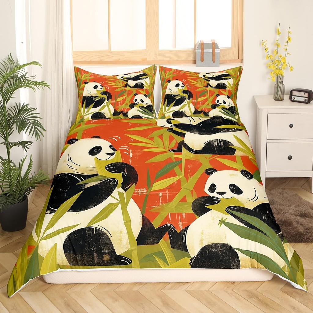 Cute Red Panda Duvet Cover King Size,Pink Love Stars Bedding Set Kawaii Cartoon Animals Comforter Cover Girly Sweet Quilt Cover