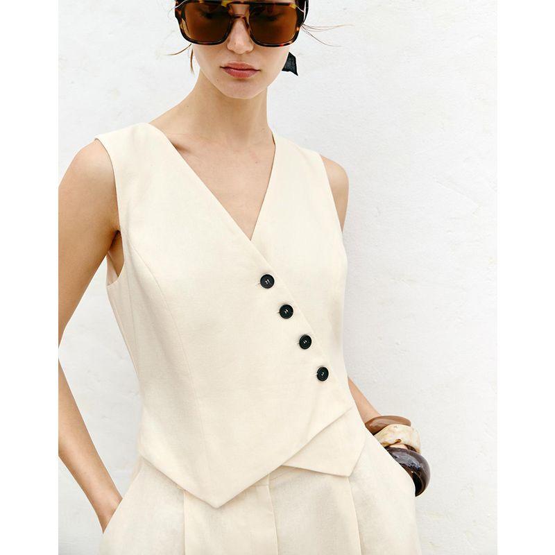 Summer New Product Women's Clothes Pleated Design V Neck Sleeveless Linen Blended Long Vest Jumpsuit 3344709