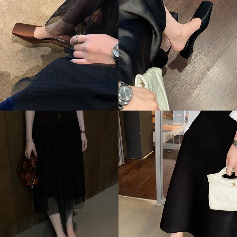 ~ Square Head Shallow Mouth Silk Satin Triangle and High-end Sandals Female Summer