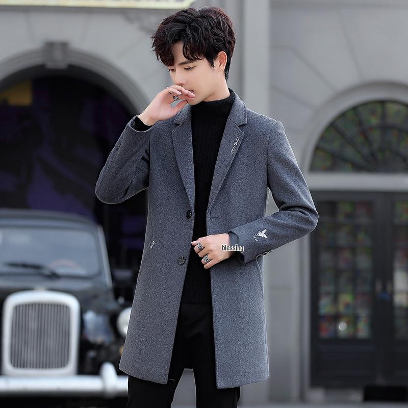 Men's Mid-Length Korean Style Woolen Coat with Velvet Lining - Winter Windbreaker, British Style Jacket for Youth