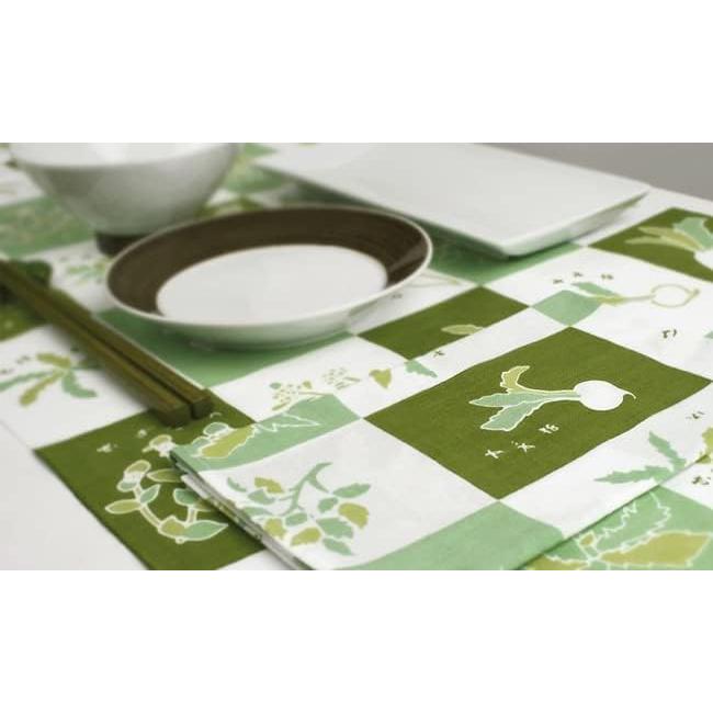 Somen Anbo Tenugui "Haru No Nanakusa" Green, Hand-dyed, 100% Cotton, Tokuoka, Made In Japan, 35cm X 100cm