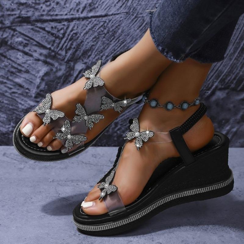Large size rhinestone sandals women's summer wear muffin thick-soled wedge heel beach sandals
