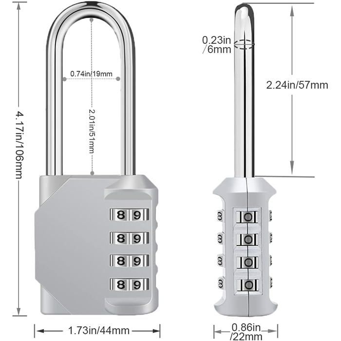 Cadenas à combinaison longue - AIMOONSA - Modèle universel - 4 chiffres - Anse longue - Corps alliage zinc