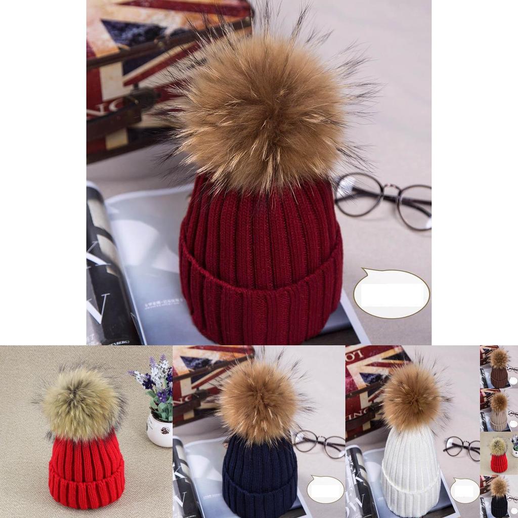Real Winter New Raccoon Fur Hats Pom Pon Women Lady Knit Beanie Bobble Cap