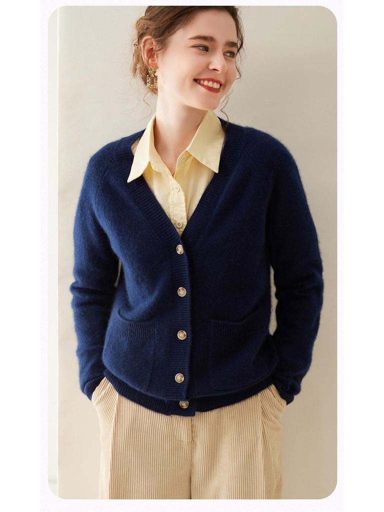 2024 Autumn/Winter Women's Thick Cashmere V-neck Cardigan Sweater, Loose Fit, Knitted Drop-shoulder Top