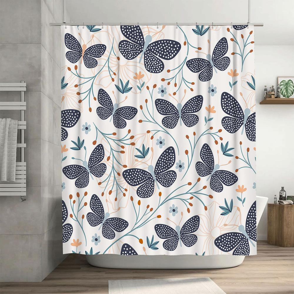 Modern Butterfly Print Bath Shower Curtain with Black Border White Floral Decor for Home Decoration