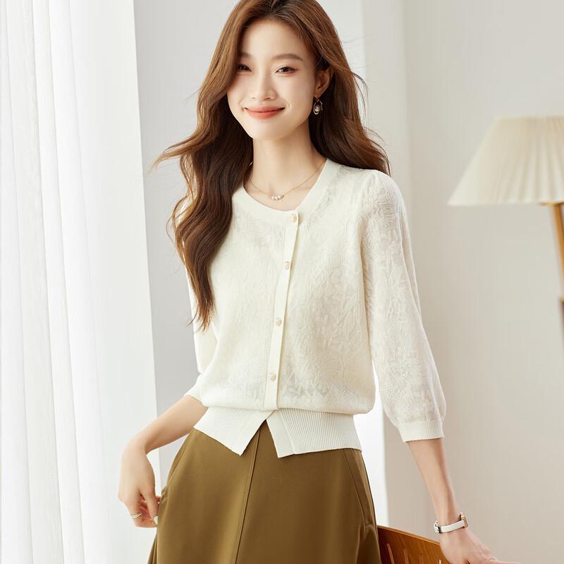 Srcr Women's Petite Jacquard Seven-Sleeve Cardigan