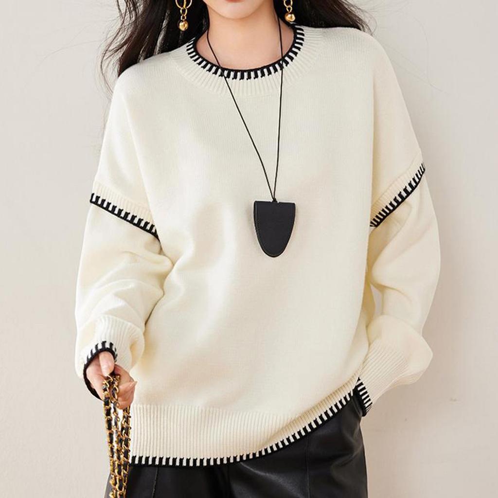 Women's Fashionable Casual Versatile Lazy Style Contrast Round Neck Pullover Long Sleeve Loose Knitted Sweater