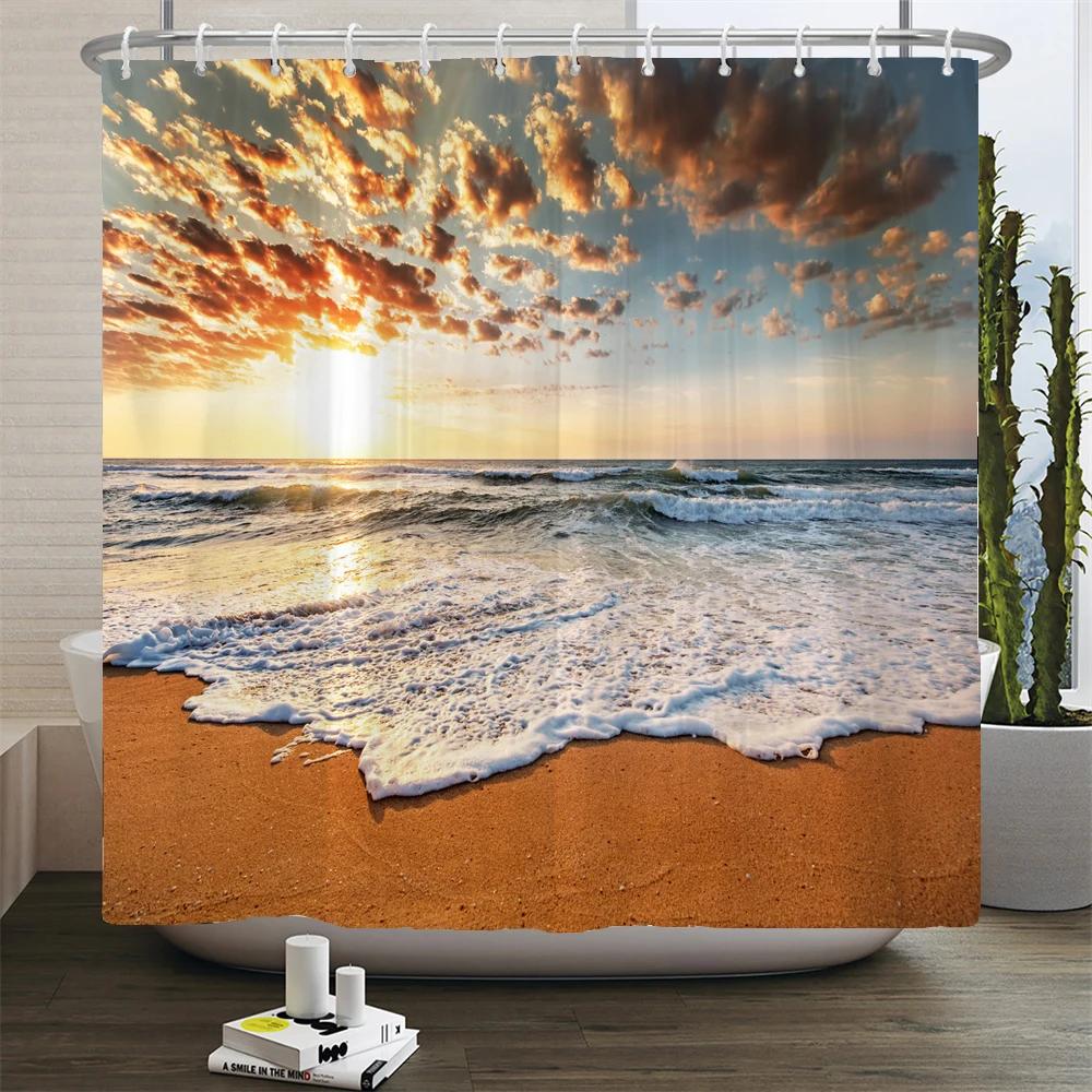 Sunlight Ocean Scenery Shower Curtains Decoration Waterproof Fabric Sunset Dusk Sea Dolphin Cowboy Bath Curtain Bathroom Screen