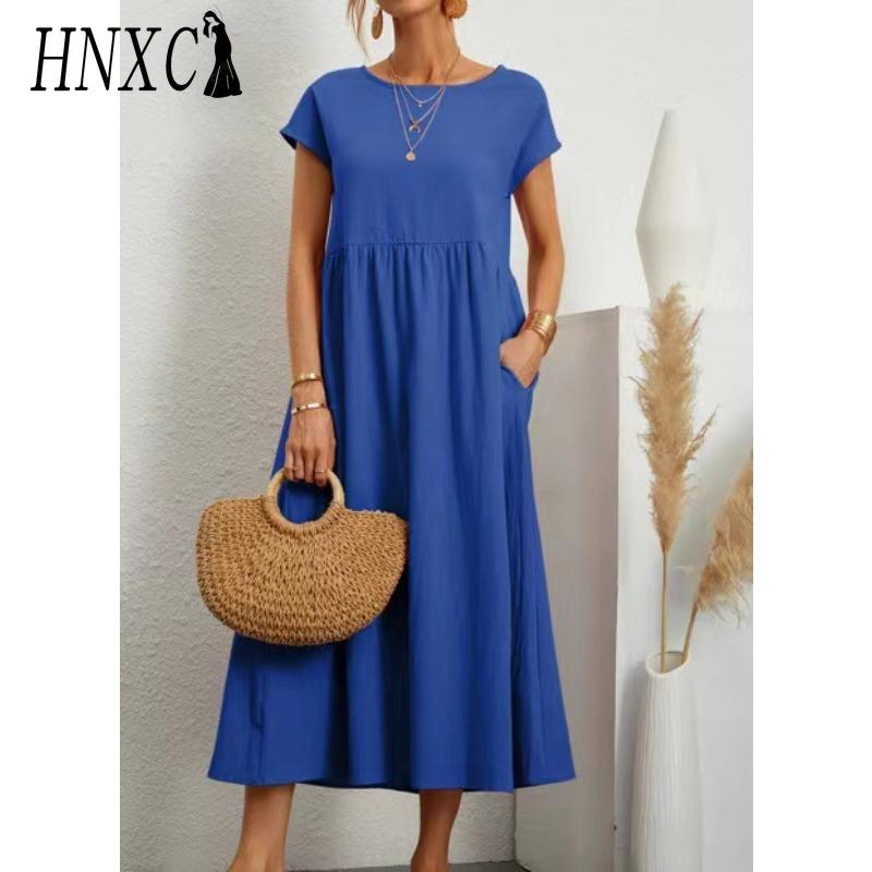 HNXC Kvinnemote Sommer Våren Ensfarget Print Kortermet O-hals Uformelle kjoler