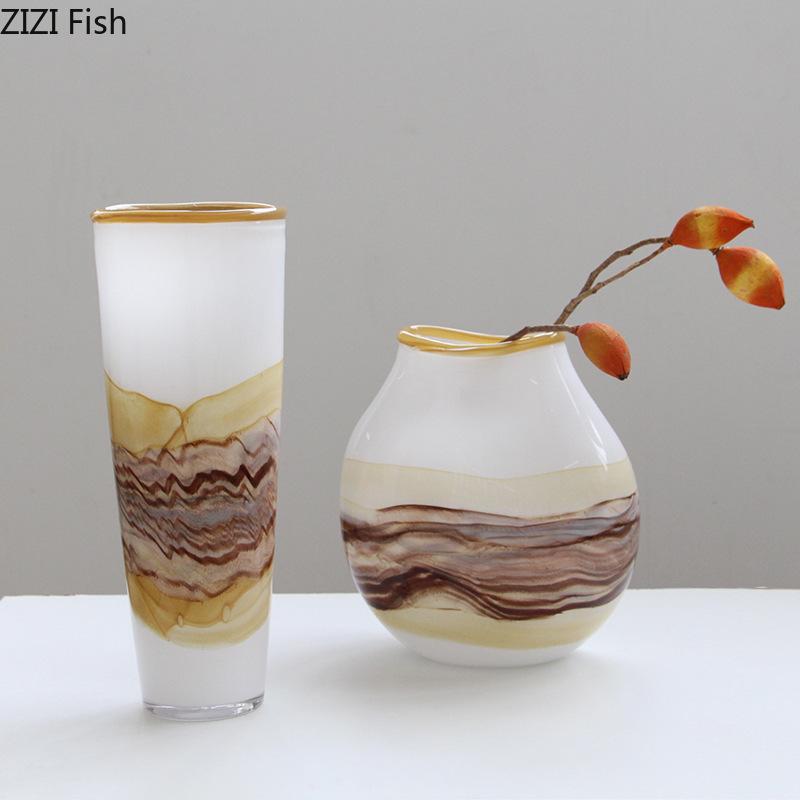 Creative Painted Stripes Glass Vase Table Decoration Artificial Flower Decorative Flowers Arrangement Room Aesthetic Decor