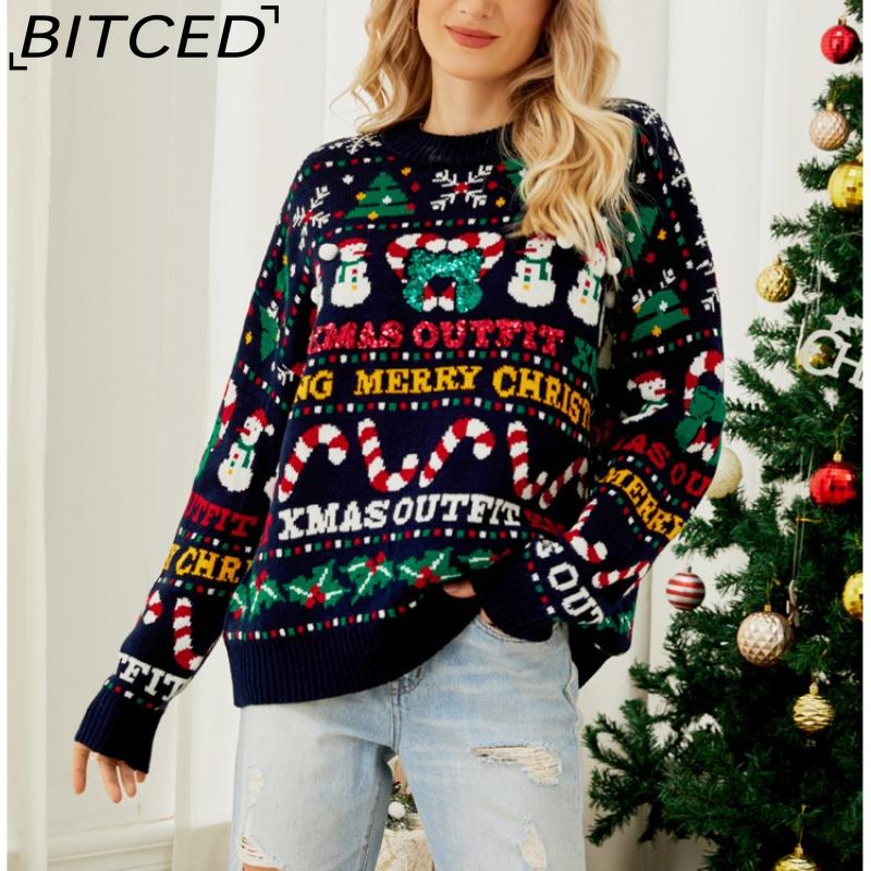 BITCED Oversized Knit Sweater Fall/Winter Christmas Tree O-Neck Sweater Little Snowman Sequined Christmas Sweater