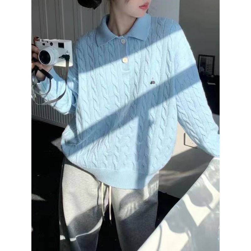 Women's Retro Heavyweight Cable Knit Polo Sweater - Soft Blue, Autumn/Winter Style