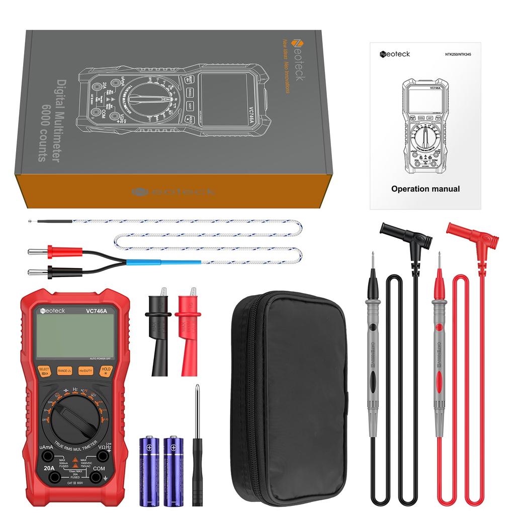 Neoteck 6000 Zählungen TRMS Digitalmultimeter Tester mit Tastverhältnis NCV Spannungsfühler Temperatur Krokodilklemmen Aufbewahrung und Japanischer Bedienungsanleitung AC/DC Spannung,