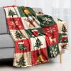 Christmas Patchwork Flannel Throw Blanket, Xmas Tree Reindeer Bell Sock Snowflake Plaid Print Soft Cozy Blanket Sofa Bed Holiday Home Decor