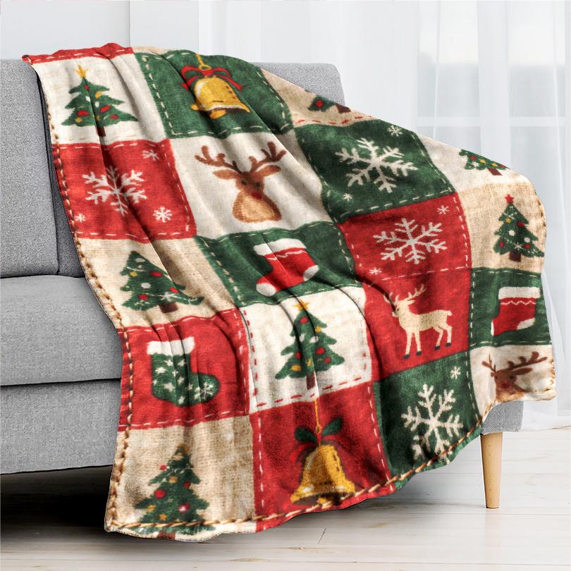 Christmas Patchwork Flannel Throw Blanket, Xmas Tree Reindeer Bell Sock Snowflake Plaid Print Soft Cozy Blanket Sofa Bed Holiday Home Decor