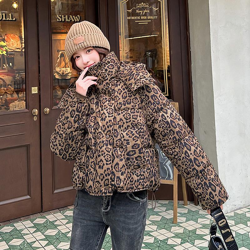 Winter new leopard print padded coat down padded jacket hooded versatile fashion women loose thick coat