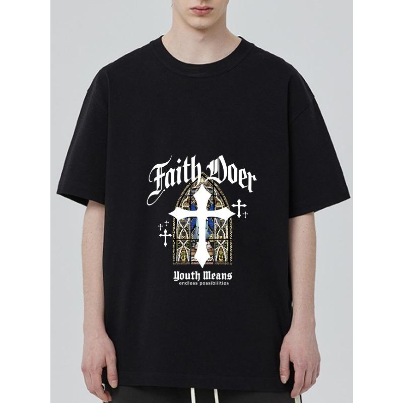 

Black T-Shirt Faith Doer Cross Stained Glass Window Design Youth Means Endless Possibilities Graphic Tee for Casual Wear and Street Style XXXXL чёрный