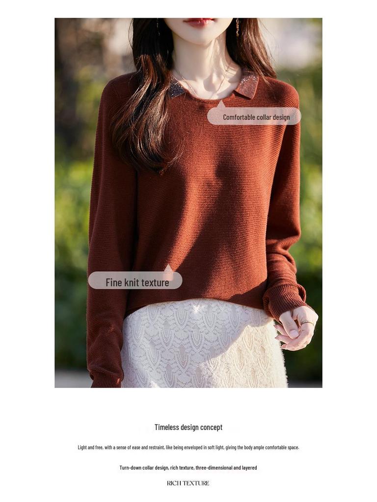 Women's Merino Wool Turn-Down Collar Cardigan Pullover Sweater - Fashionable Knitwear Base Layer.