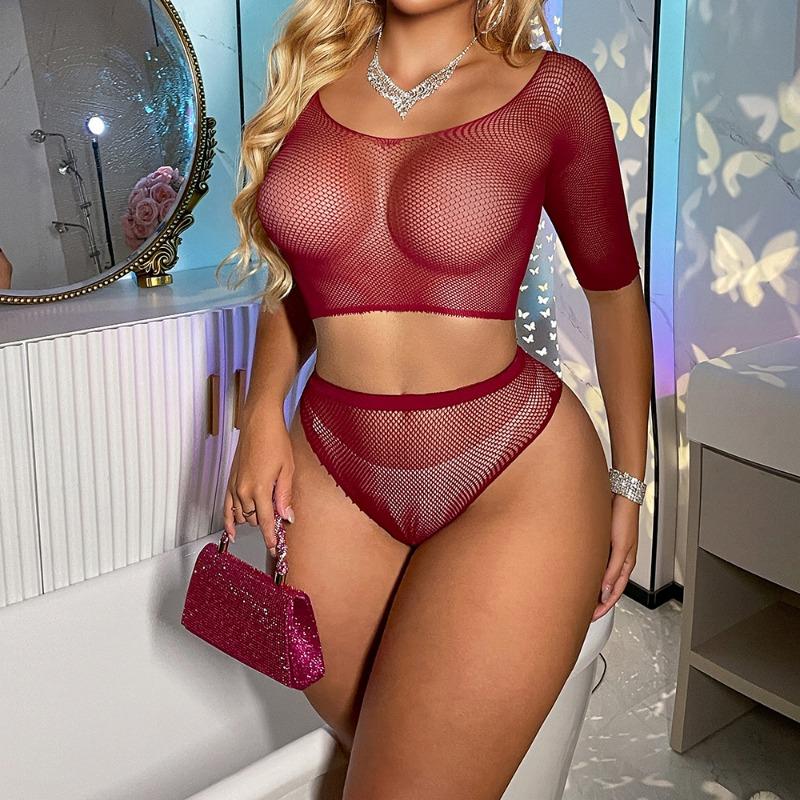 Sexy underwear, sexy mesh, fruit green women's short-sleeved hollowed-out tight mesh suit