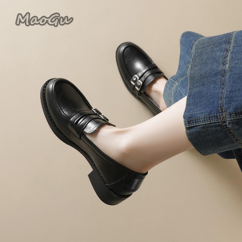 Fashion Thick Soled Loafers for Women Spring Autumn Black Single Shoes Elegant Office Ladies British Style Shoes Leather Mid Heel Pumps