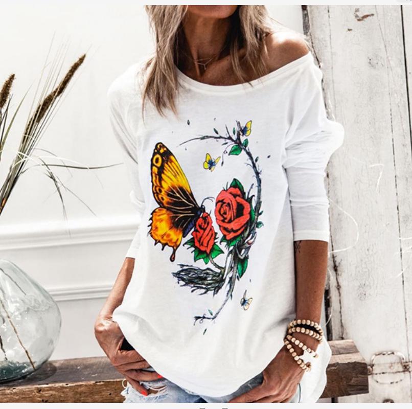 

Женская блузка с длинным рукавом и круглым вырезом, свободная футболка с цветочным принтом и бабочкой