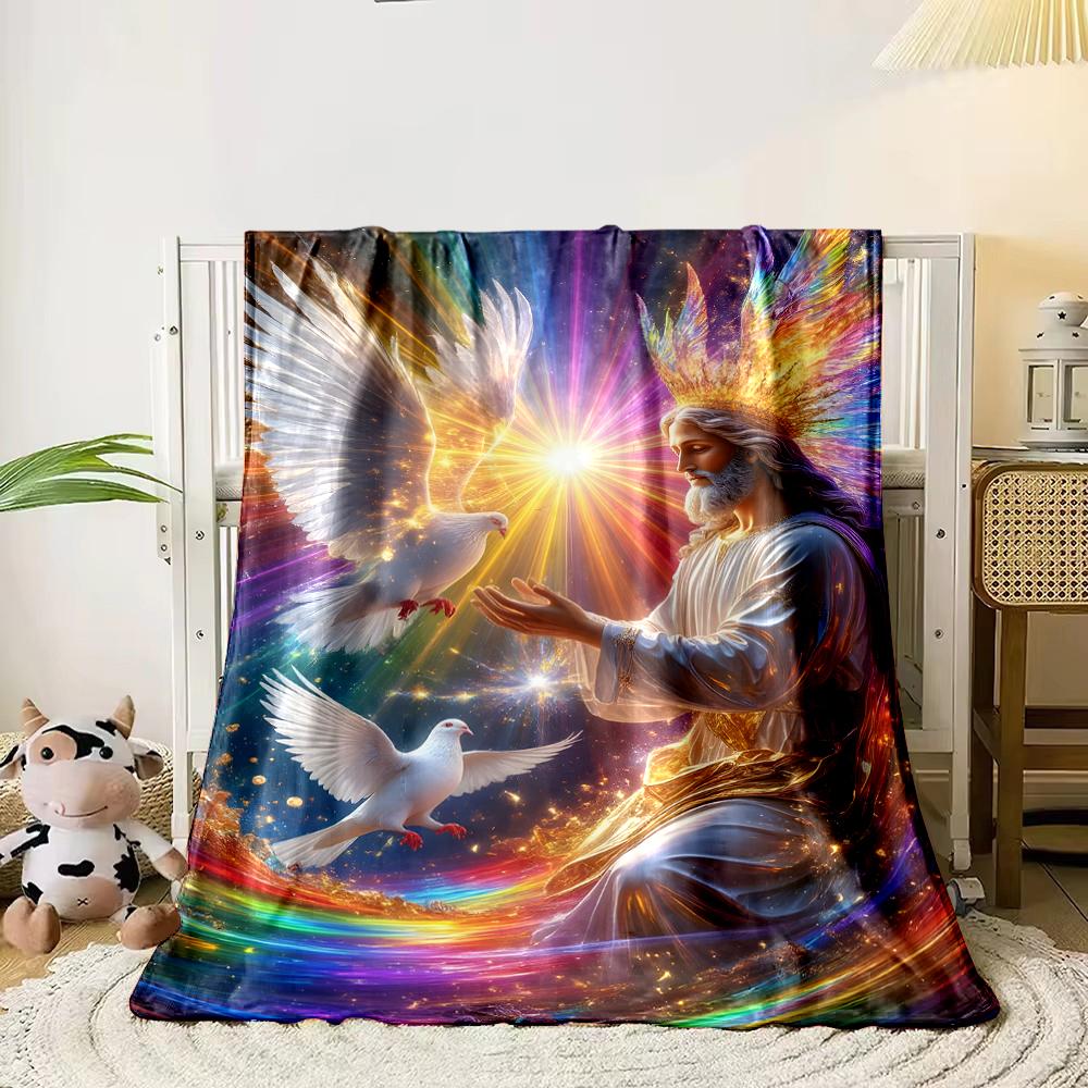 Celestial Figure with Doves and Rainbow LightFlannel blanket for bedroom, living room, sofa, and nap