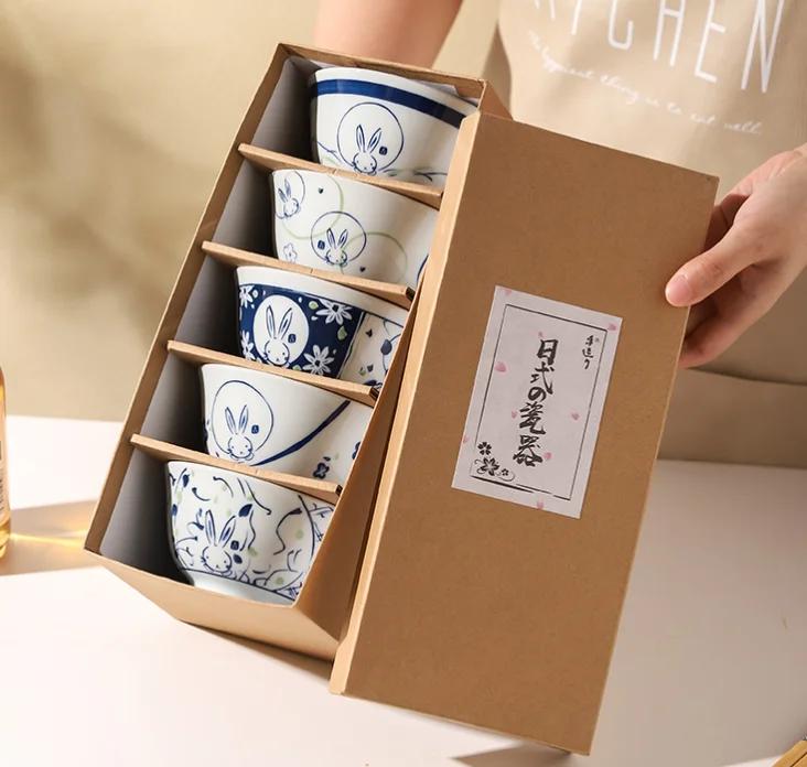 4.5 inch Japanese ceramic bowl, kitchen utensils, soup bowl, printed pattern gift box, 5 pieces ceramic bowl bowl set ramen bowl