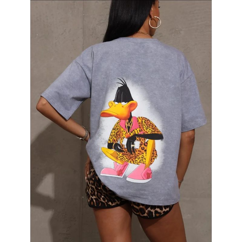 Western Style Distressed Washed Print Cotton T-shirt Top Loose Printed Cotton T-shirt Top