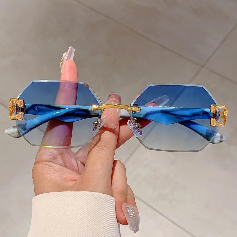 Vintage Rimless Polygon Shades Luxury Brand Gradient Women's Sunglasses Fashion Leopard Decor Travelling Sun Glasses